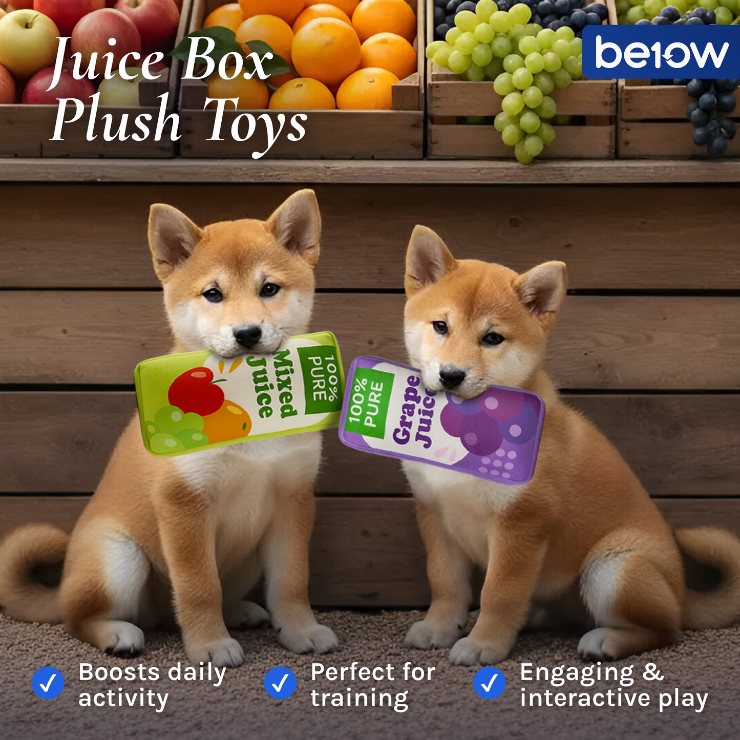 BE10W Fruit Juice Box Sippy Plush Dog Toy