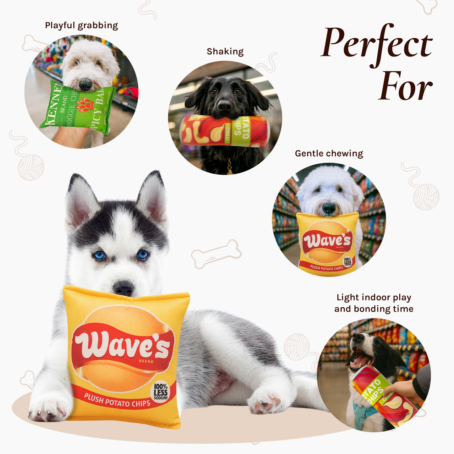 BE10W Dog Plush Toys Paws and Chips Bundle